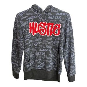 Prime Thread Hustle Hoodie Black & Gray All Over Graphic Print Youth Size 10/12
